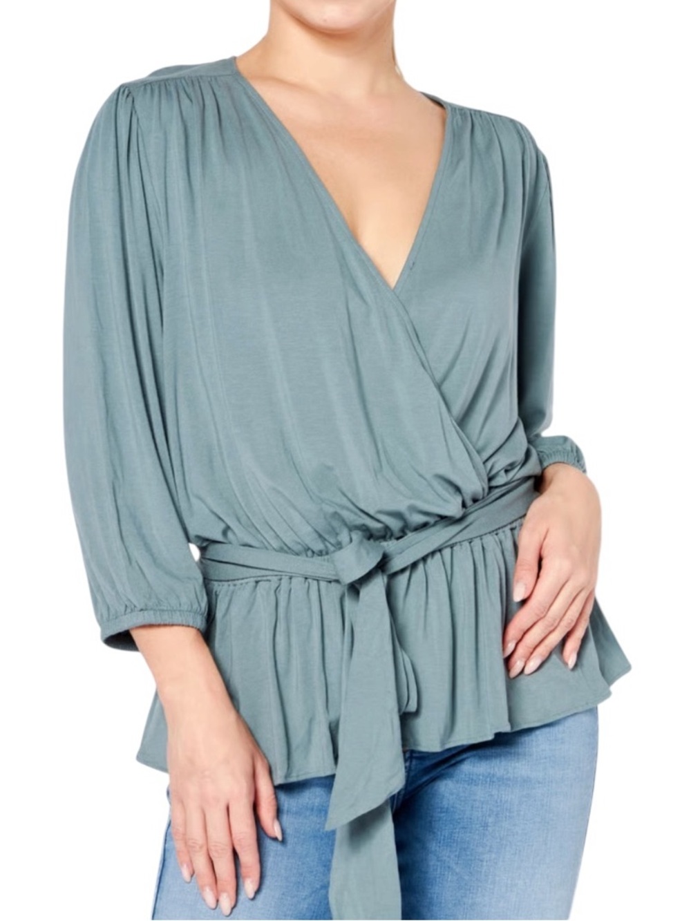 Lauren Ralph Lauren Jersey Surplice Peplum 3/4 Sleeves Wrap Blouse Slate Blue 1X